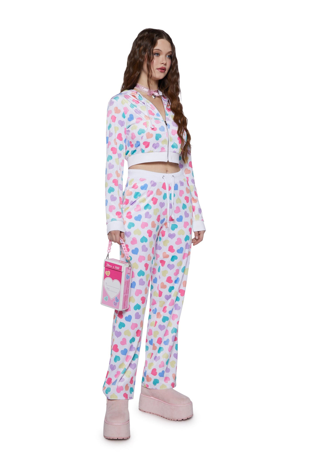 Sugar Thrillz Heart Print Velour Track Jacket - Pink/Red - Image 2