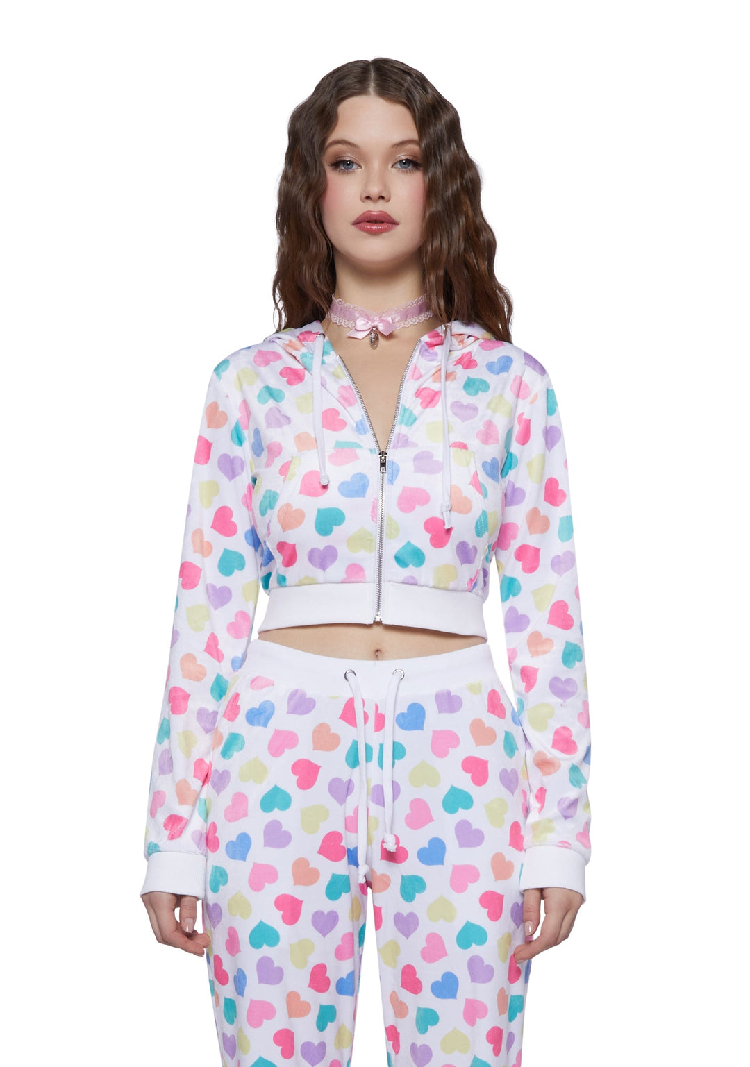 Sugar Thrillz Heart Print Velour Track Jacket - Pink/Red