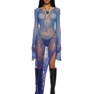 Current Mood Open Weave Knit Longline Sweater - Blue