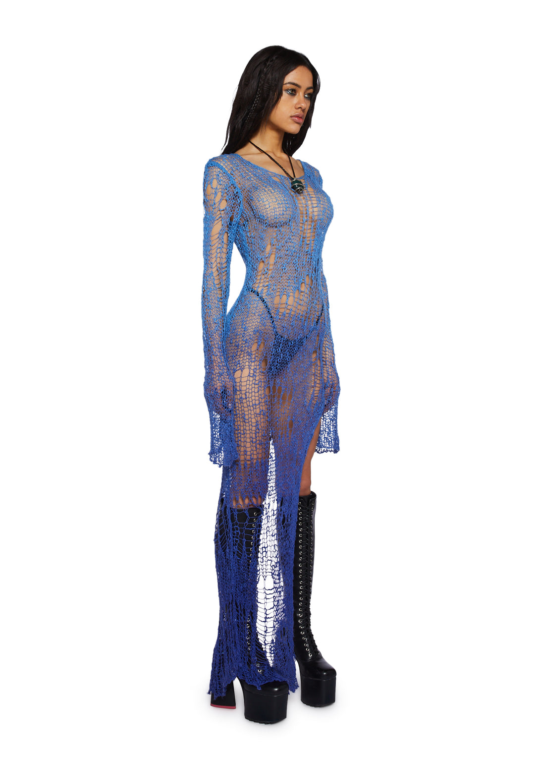 Current Mood Open Weave Knit Longline Sweater - Blue - Image 3