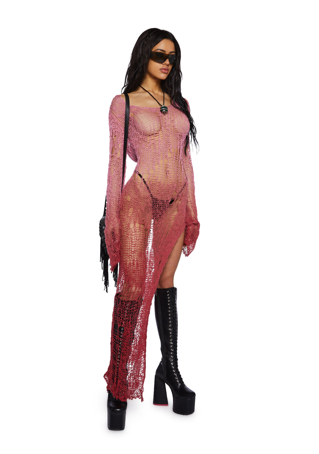 Current Mood Open Weave Knit Longline Sweater - Red - Image 5