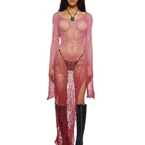 Current Mood Open Weave Knit Longline Sweater - Red