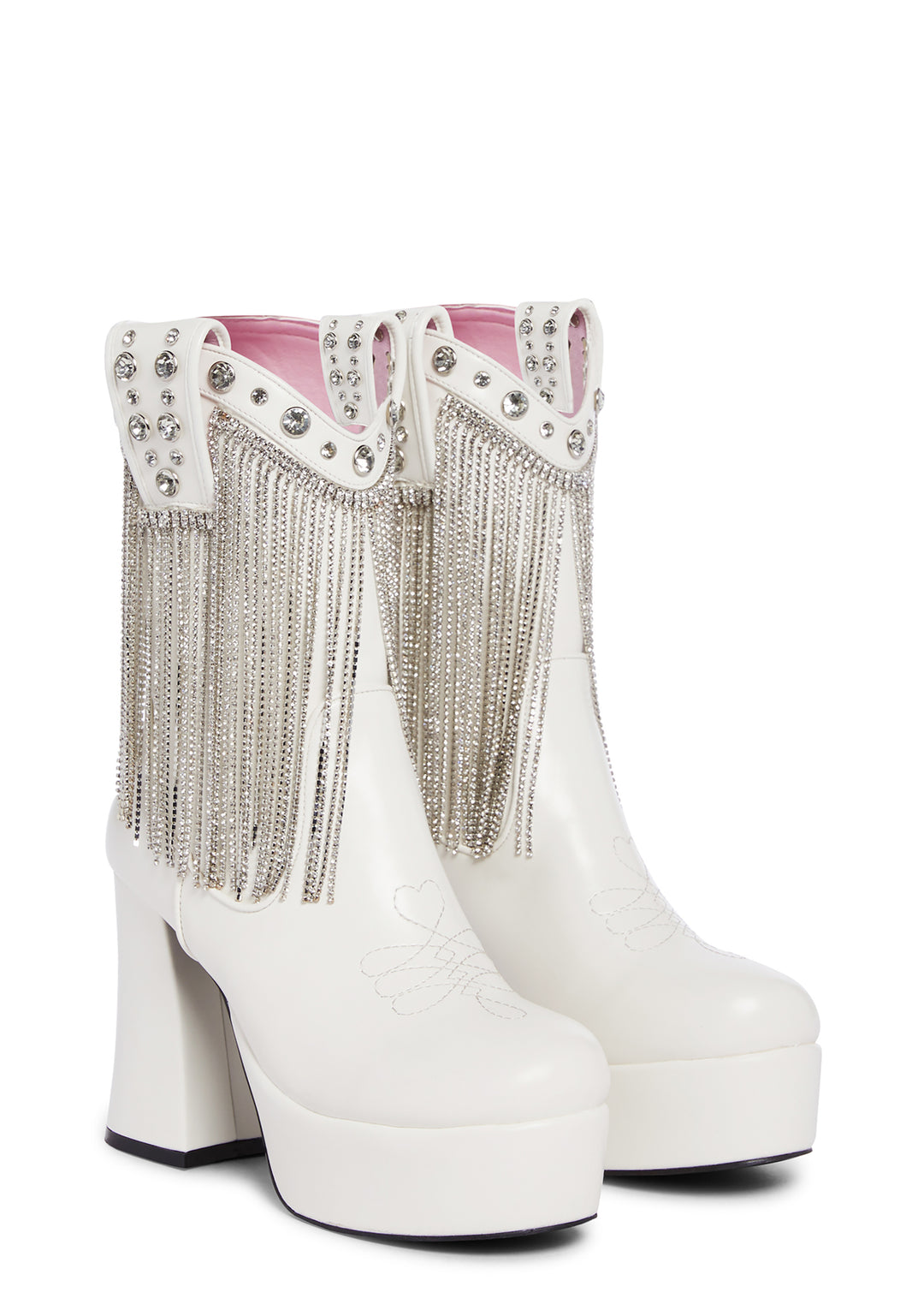 Sugar Thrillz Rhinestone Girl Fringe Cowboy Western Platform Boots - White - Image 3