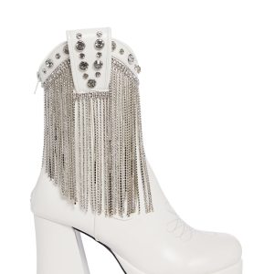 Sugar Thrillz Rhinestone Girl Fringe Cowboy Western Platform Boots - White