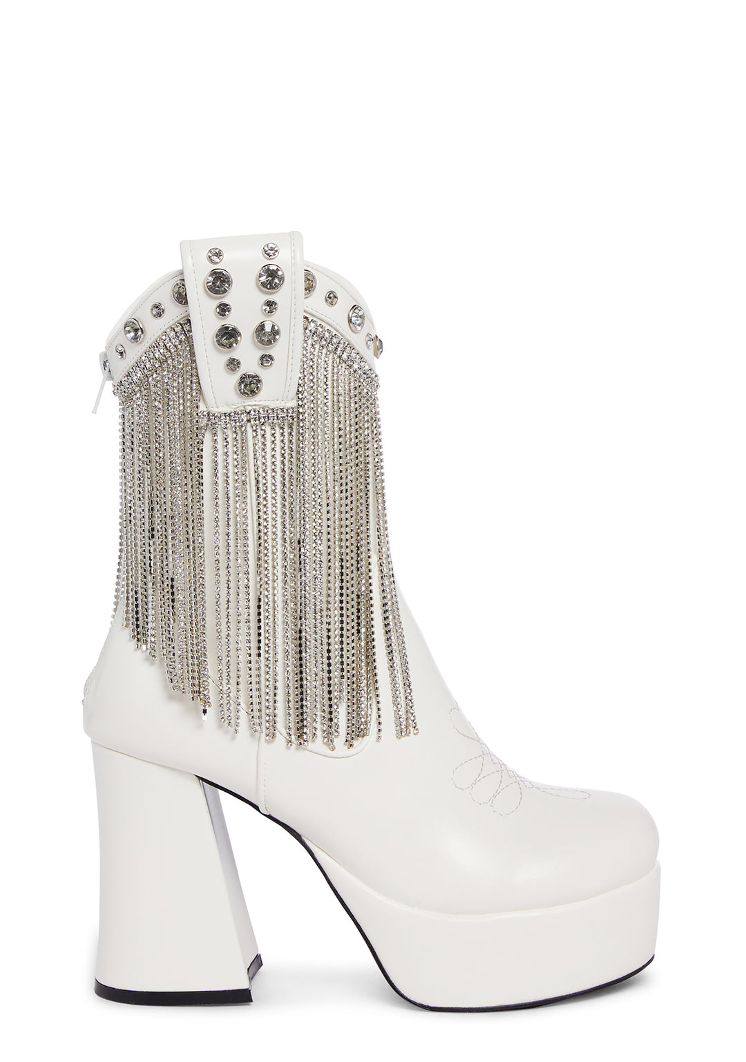 Sugar Thrillz Rhinestone Girl Fringe Cowboy Western Platform Boots - White