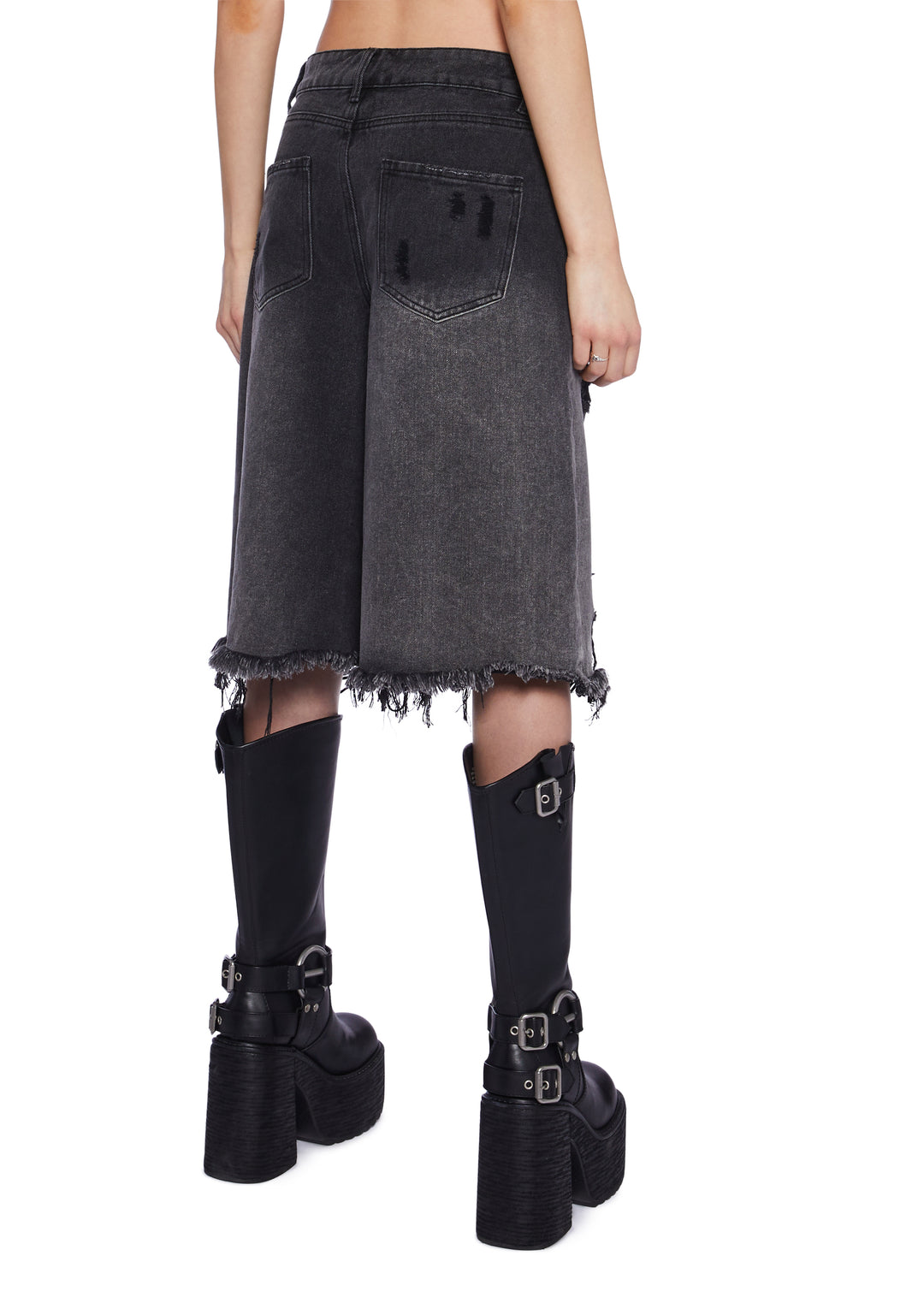 Current Mood Washed Ripped Denim Long Shorts - Black - Image 6