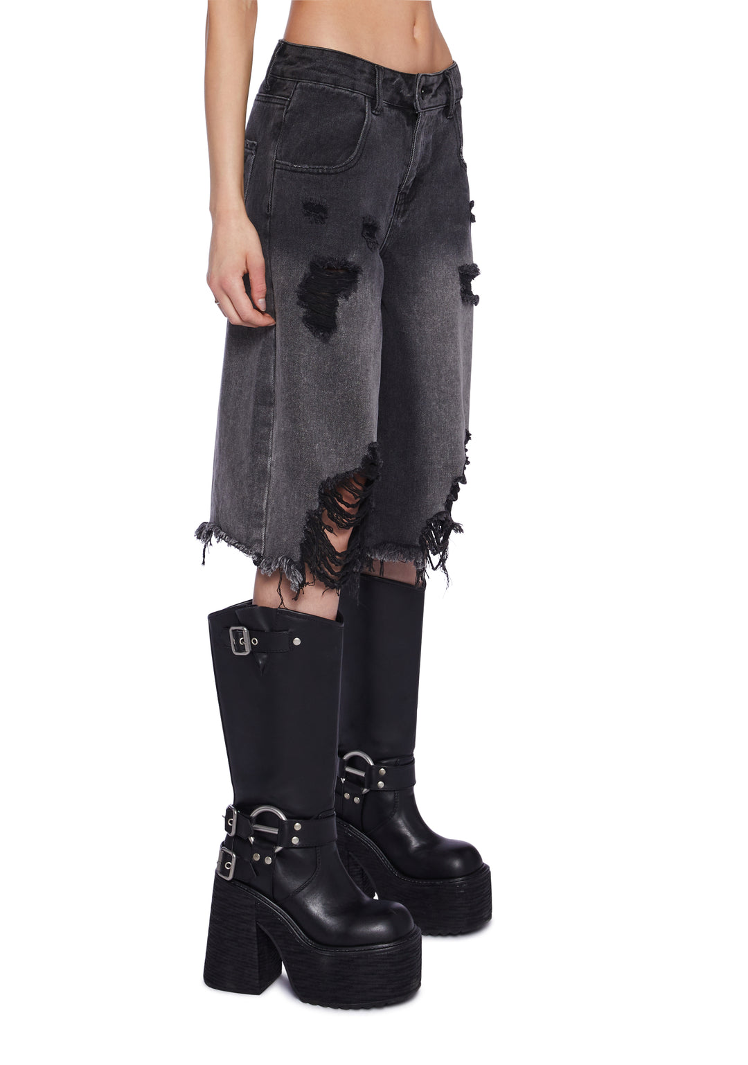 Current Mood Washed Ripped Denim Long Shorts - Black - Image 4