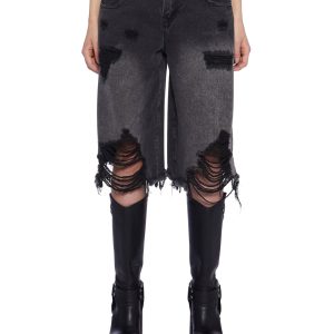 Current Mood Washed Ripped Denim Long Shorts - Black