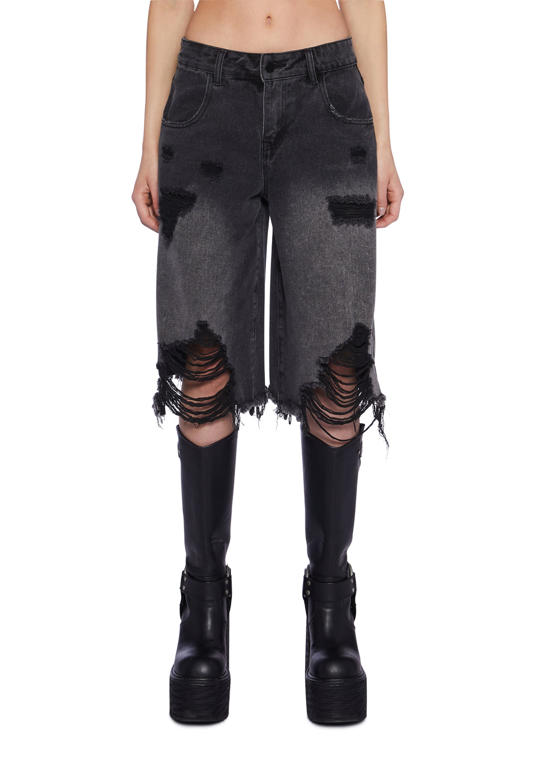 Current Mood Washed Ripped Denim Long Shorts - Black