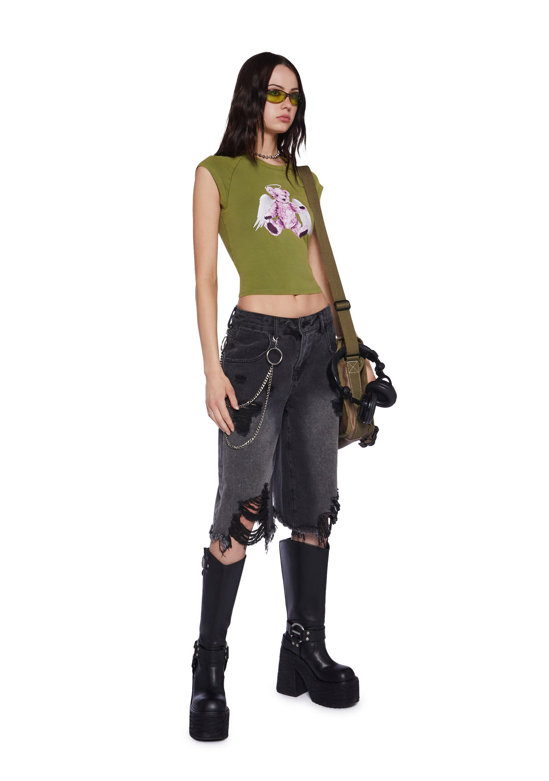 Current Mood Washed Ripped Denim Long Shorts - Black - Image 3