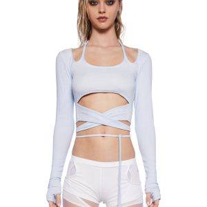 Darker Wavs Strappy Ribbed Knit Long Sleeve Top - Gray