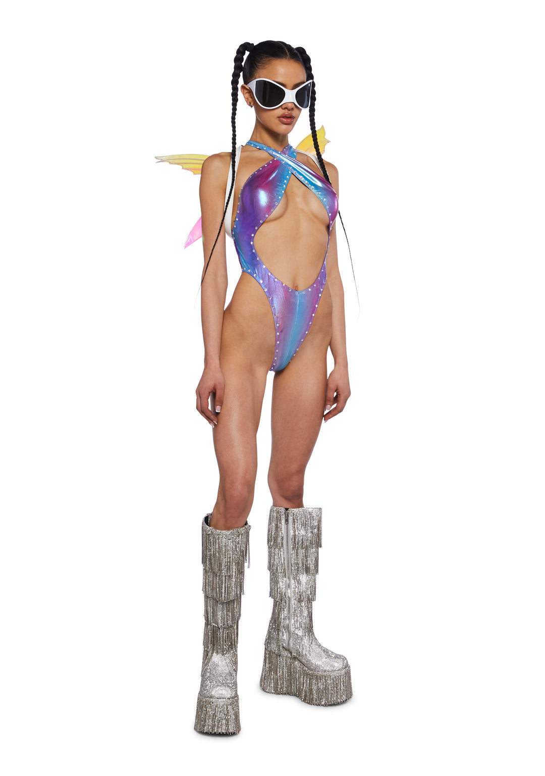Club Exx Ombre Metallic Rhinestone Foiled Criss Cross Bodysuit Festival Rave - Multi - Image 2