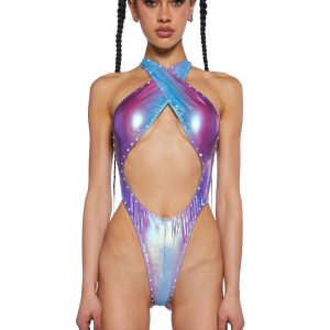 Club Exx Ombre Metallic Rhinestone Foiled Criss Cross Bodysuit Festival Rave - Multi
