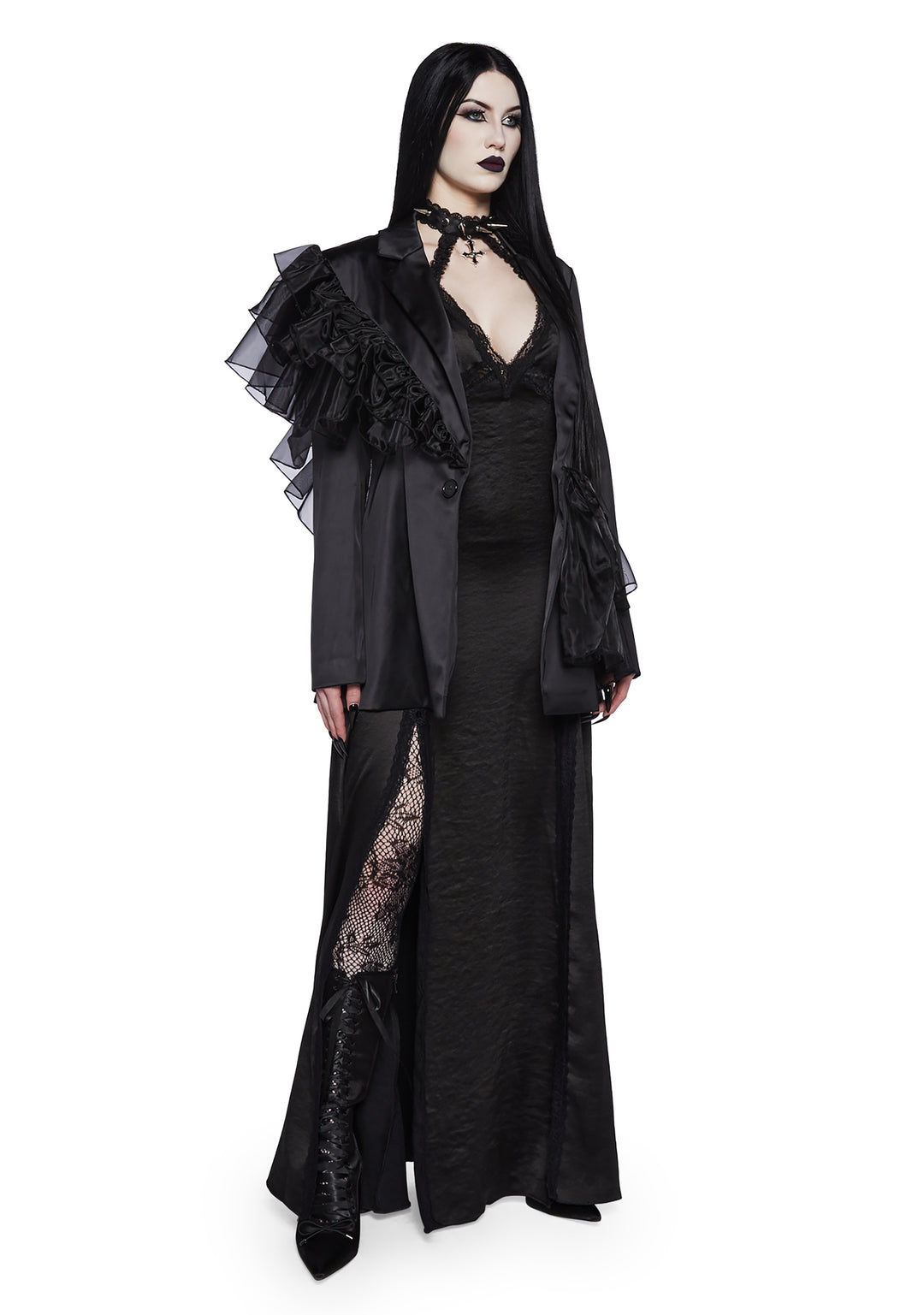 Widow Satin Halter V Neckline Maxi Dress With Spikes And Lace - Black - Image 6