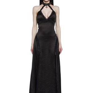 Widow Satin Halter V Neckline Maxi Dress With Spikes And Lace - Black