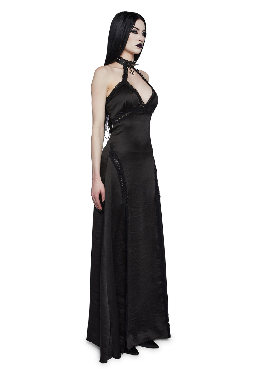 Widow Satin Halter V Neckline Maxi Dress With Spikes And Lace - Black - Image 3