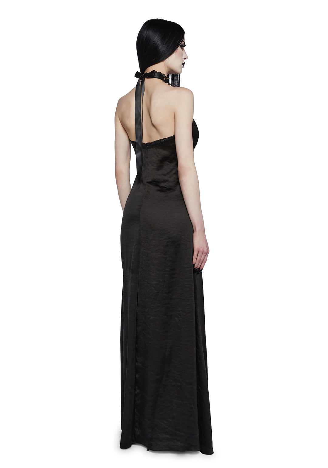 Widow Satin Halter V Neckline Maxi Dress With Spikes And Lace - Black - Image 4