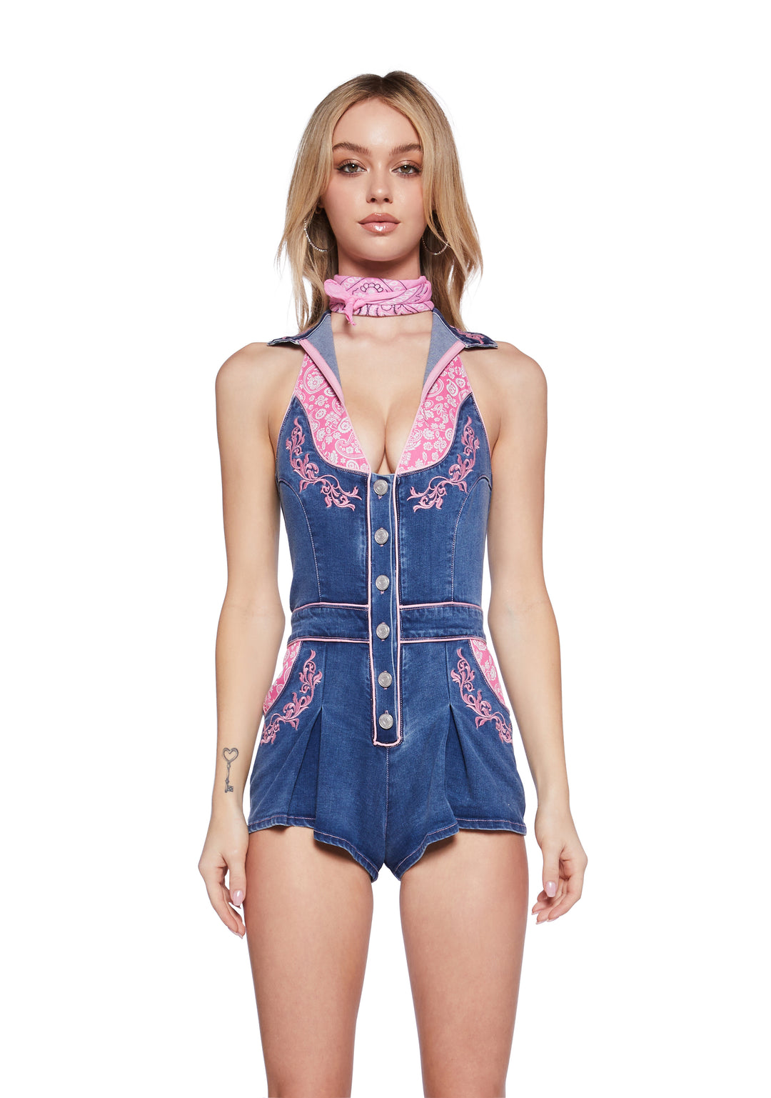 Sugar Thrillz Denim Paisley Yoke Romper - Blue
