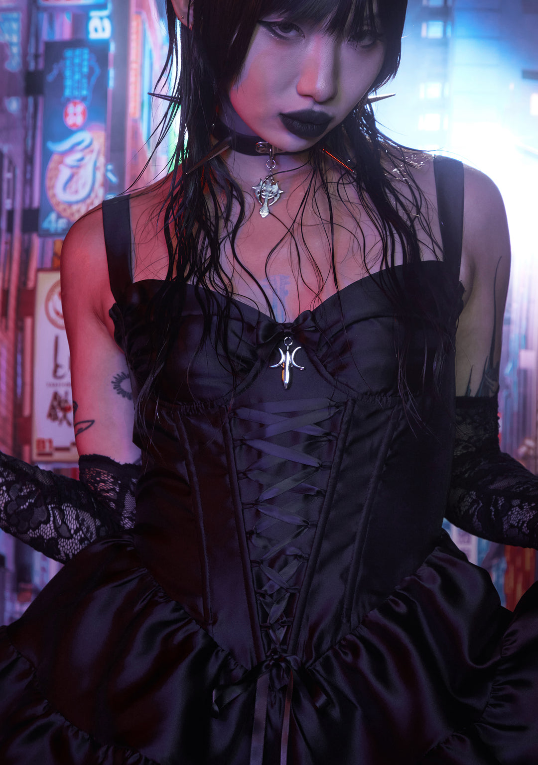 Dolls Kill x Death Note Misa Amane Cosplay Mini Dress With Lace Gloves Arm Warmers - Black - Image 9