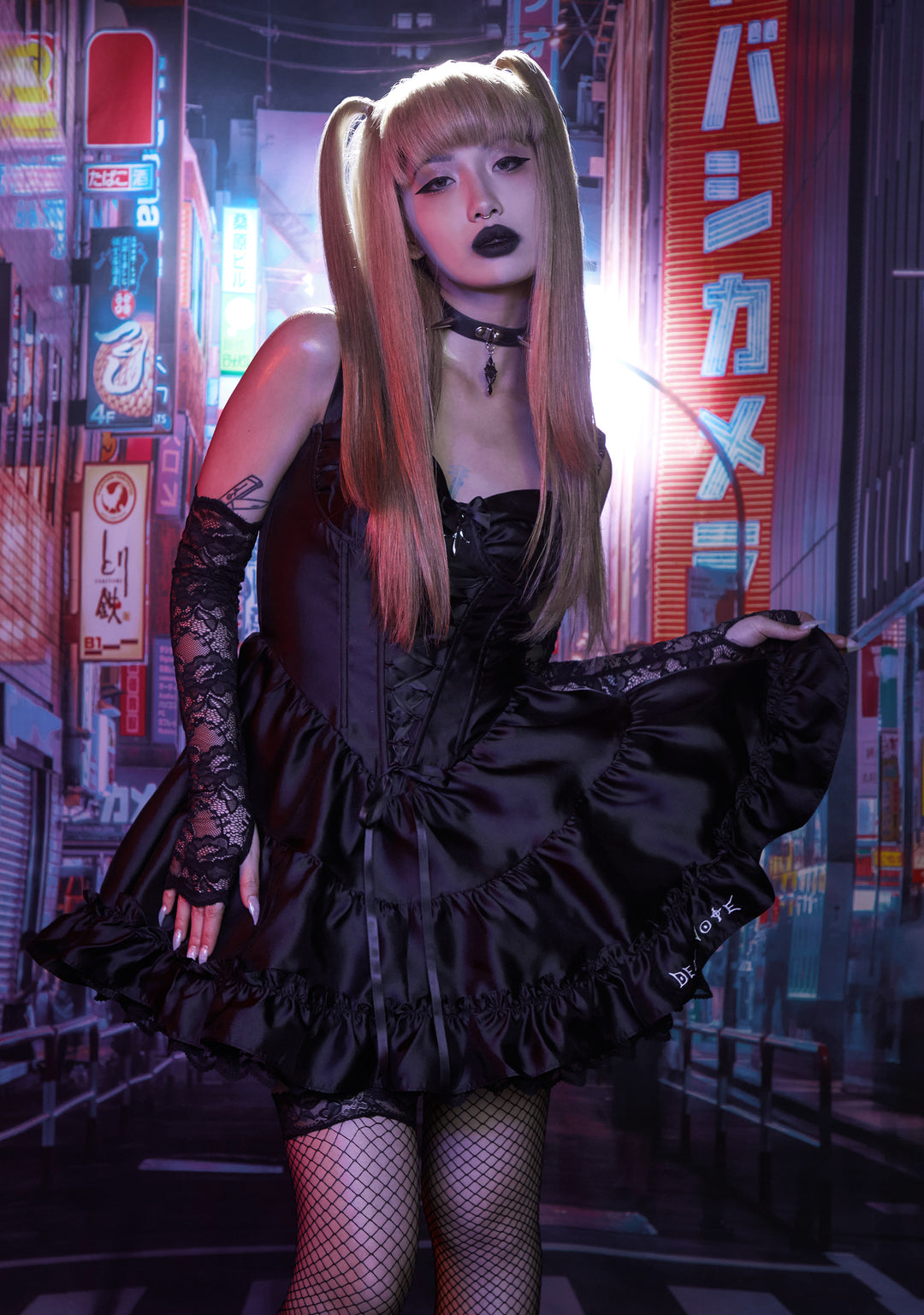 Dolls Kill x Death Note Misa Amane Cosplay Mini Dress With Lace Gloves Arm Warmers - Black - Image 8
