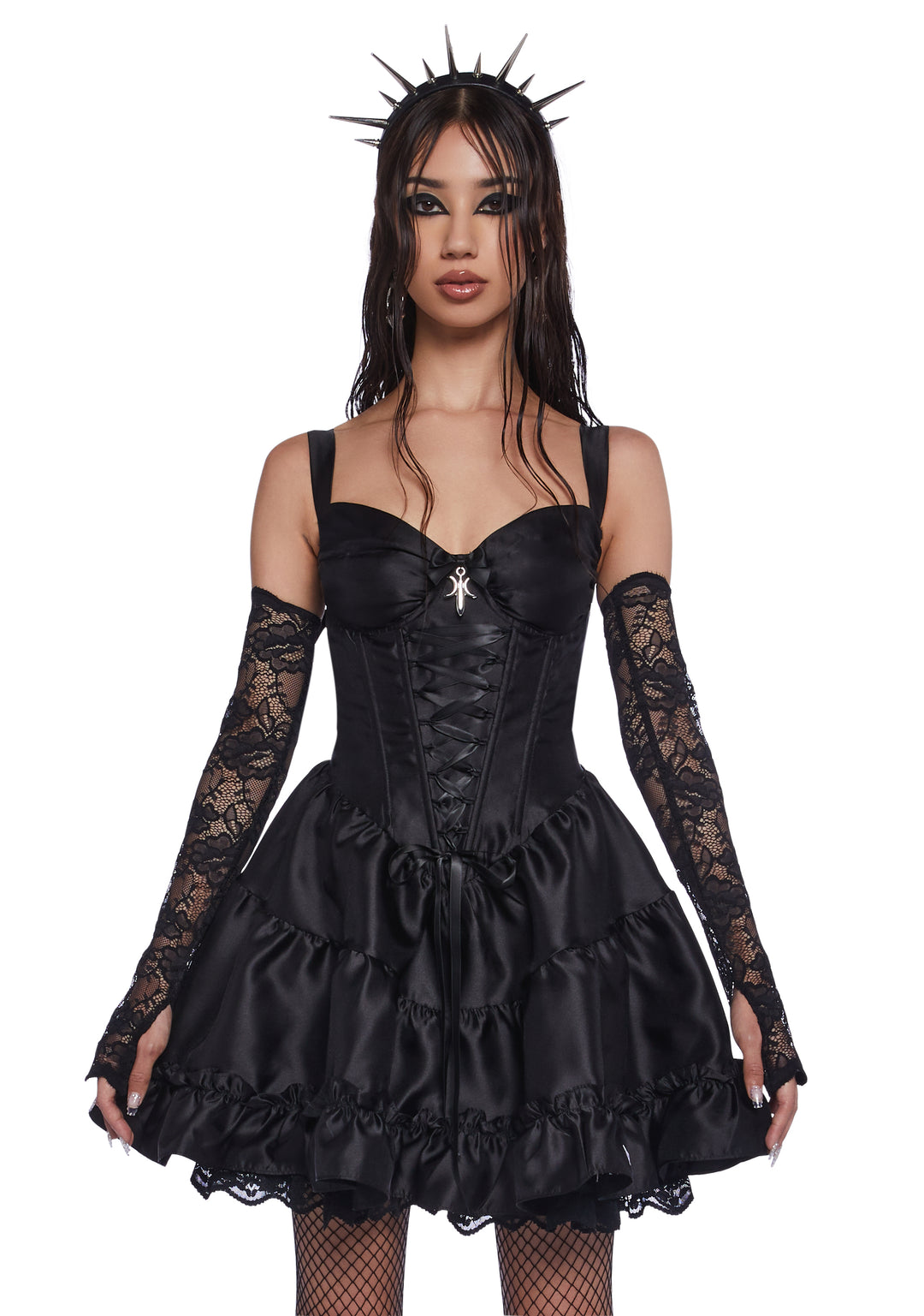 Dolls Kill x Death Note Misa Amane Cosplay Mini Dress With Lace Gloves Arm Warmers - Black