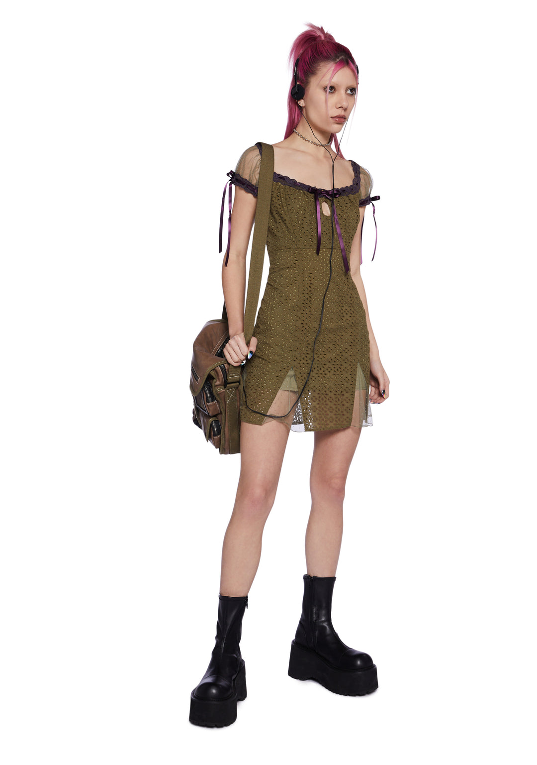 Delia's by Dollskill Eyelet Mini Dress With Interlocking Ribbons - Green - Image 2