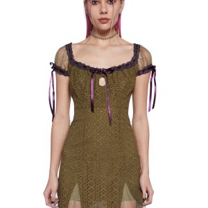 Delia's by Dollskill Eyelet Mini Dress With Interlocking Ribbons - Green