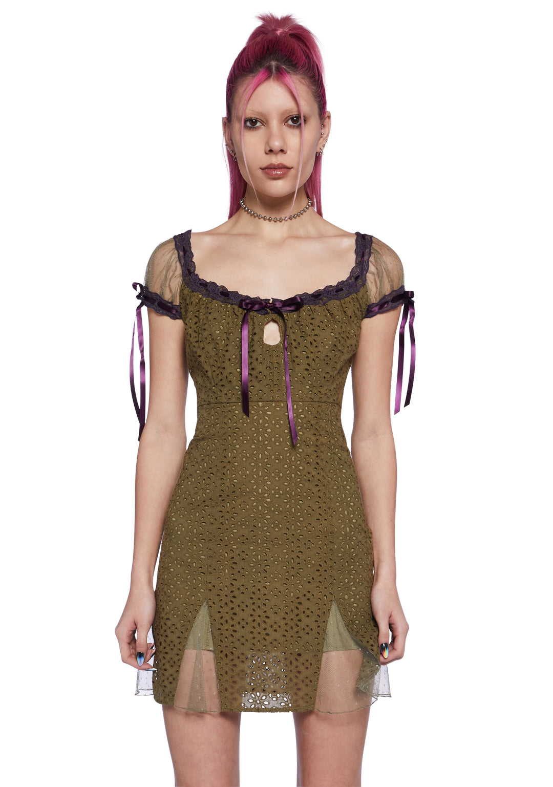 Delia's by Dollskill Eyelet Mini Dress With Interlocking Ribbons - Green