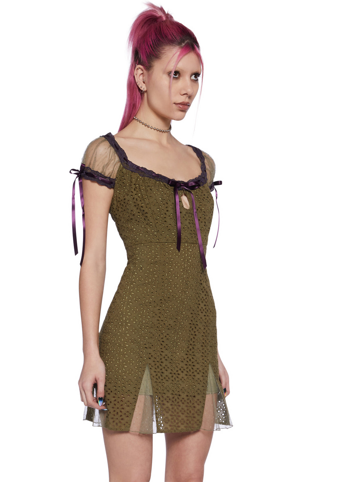 Delia's by Dollskill Eyelet Mini Dress With Interlocking Ribbons - Green - Image 3
