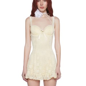 Sugar Thrillz Lace Mini Dress With Back Zip Closure Cottagecore - Yellow