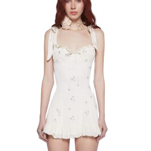 Sugar Thrillz Embroidered Floral Mini Dress With Satin Shoulder Ties - White