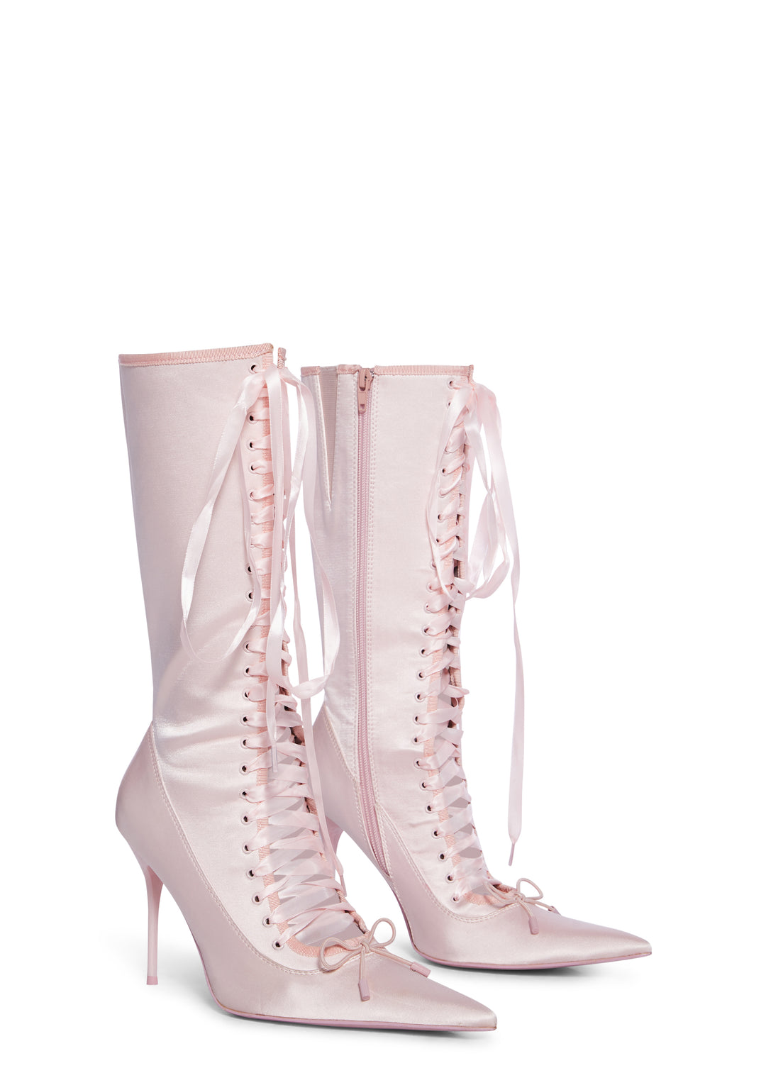 Sugar Thrillz Satin Lace Up Stiletto Zip Up Boots Regency Core - Pink - Image 3
