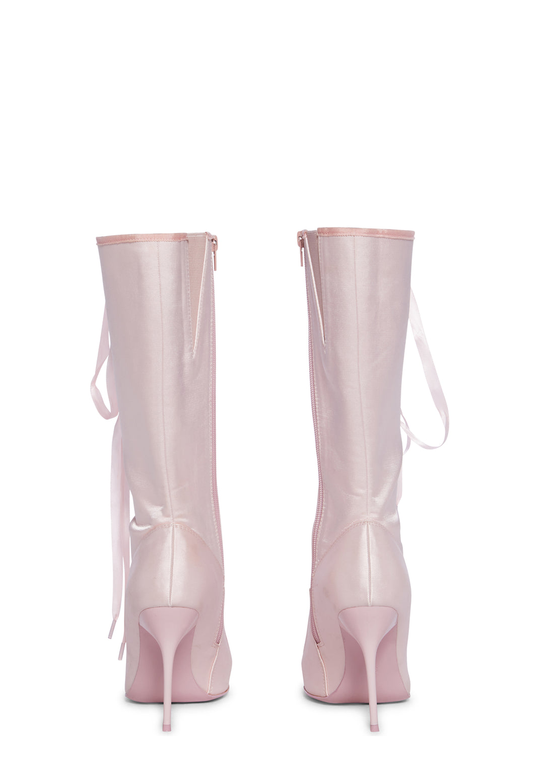Sugar Thrillz Satin Lace Up Stiletto Zip Up Boots Regency Core - Pink - Image 4