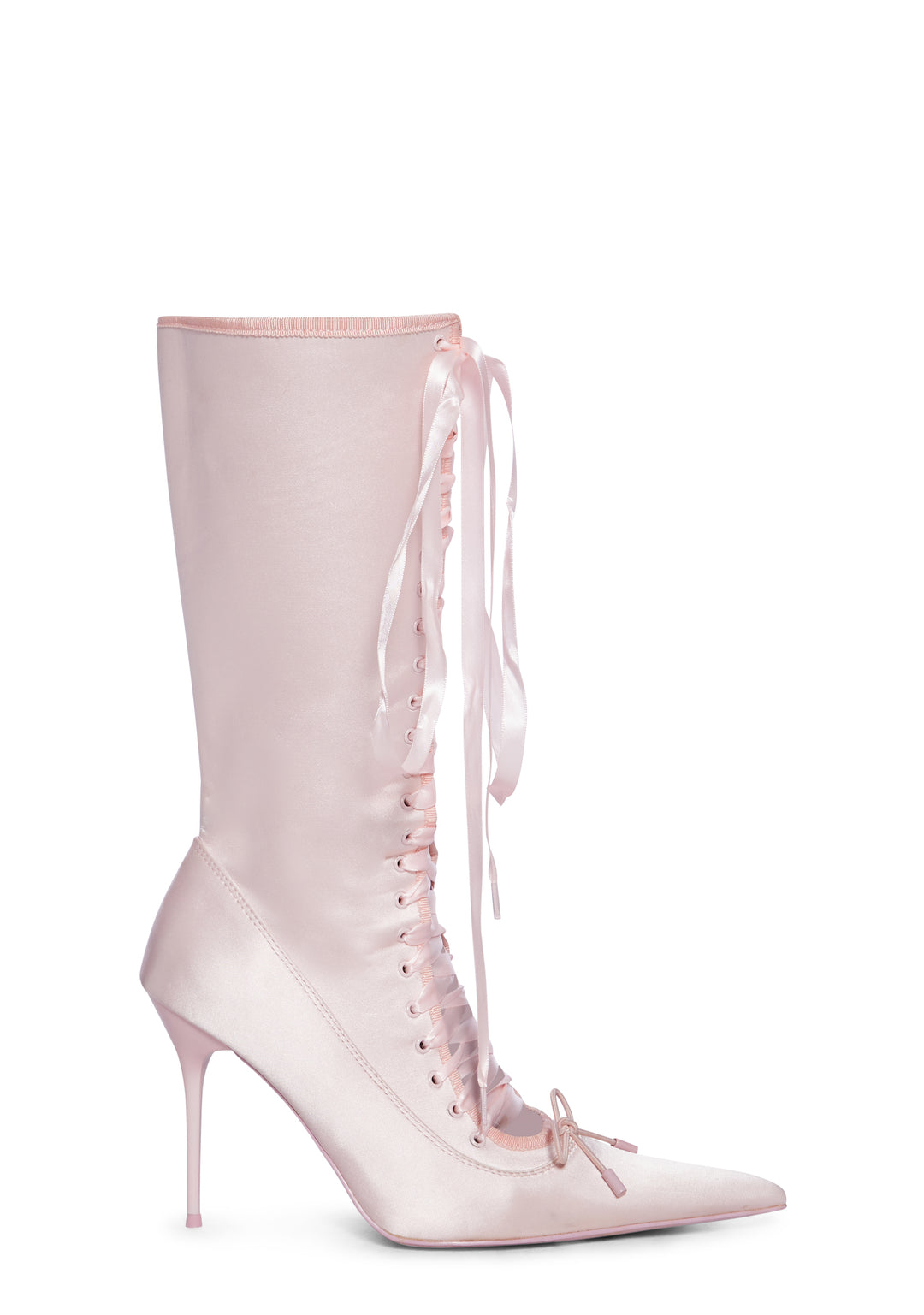 Sugar Thrillz Satin Lace Up Stiletto Zip Up Boots Regency Core - Pink
