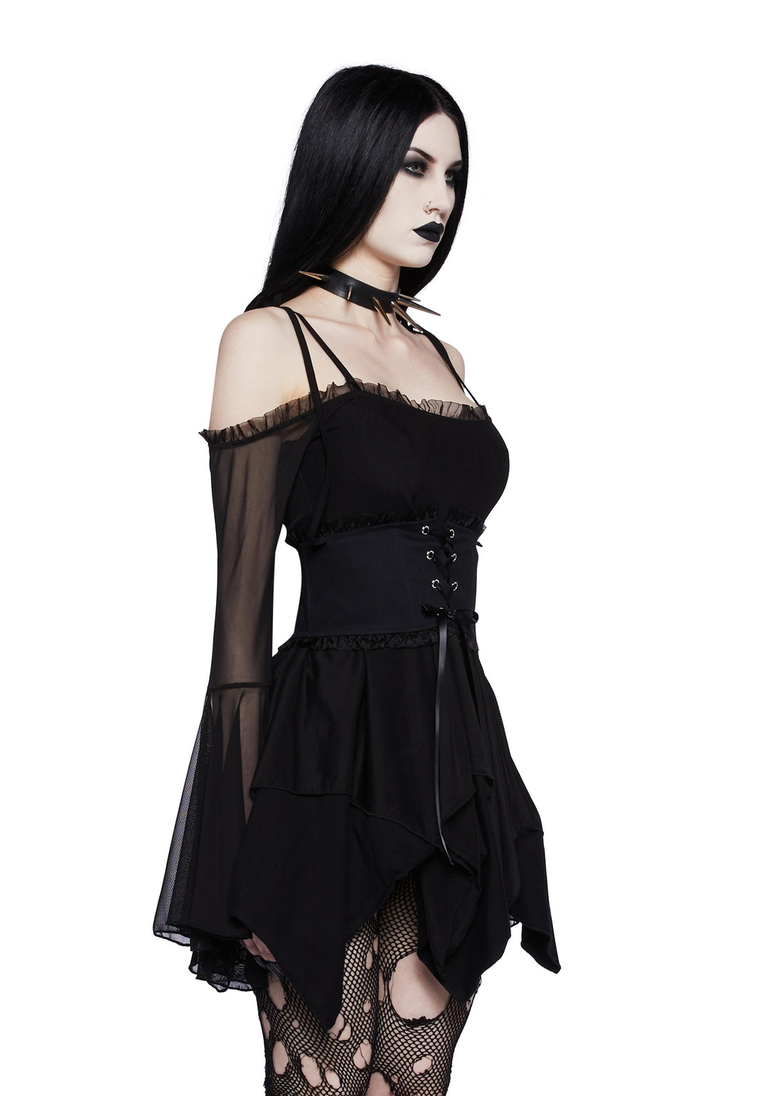 Widow Off The Shoulder Handkerchief Mini Dress With Corset Fairycore - Black - Image 3