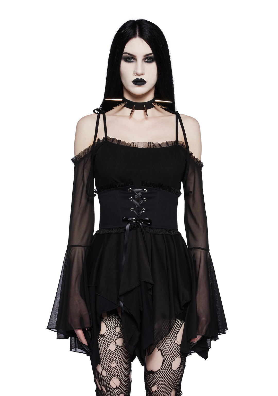 Widow Off The Shoulder Handkerchief Mini Dress With Corset Fairycore - Black