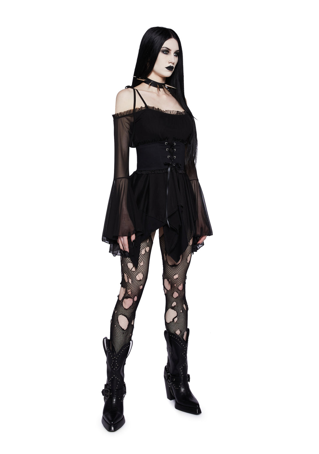 Widow Off The Shoulder Handkerchief Mini Dress With Corset Fairycore - Black - Image 2