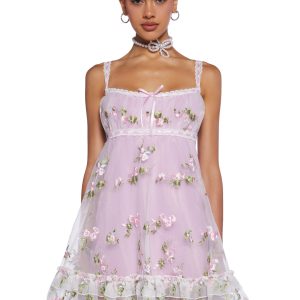 Sugar Thrillz Mesh Overlay Tank Dress With Embroidered Floral Designs Regencycore - Pink