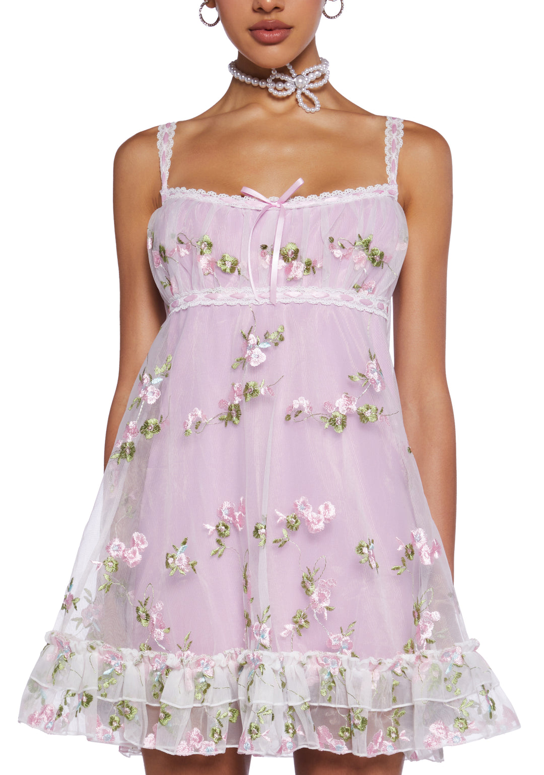 Sugar Thrillz Mesh Overlay Tank Dress With Embroidered Floral Designs Regencycore - Pink - Image 5