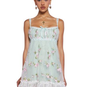 Sugar Thrillz Mesh Overlay Tank Dress With Embroidered Floral Designs Regencycore - Sage