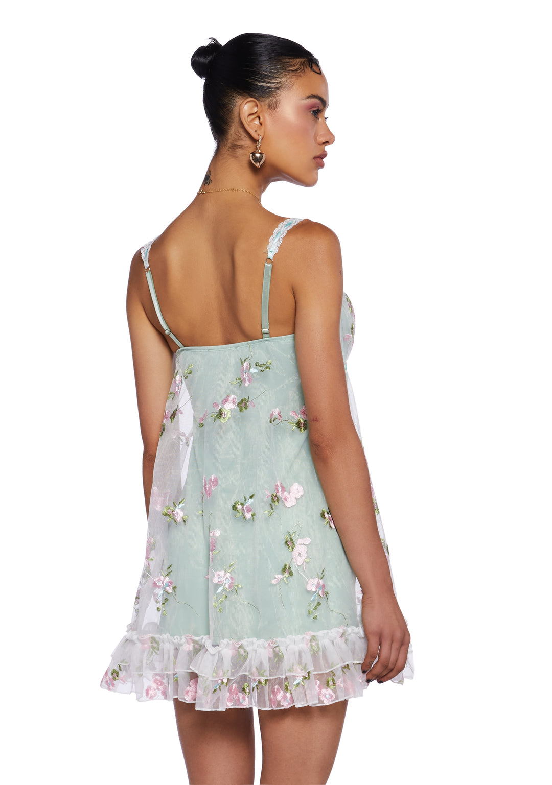 Sugar Thrillz Mesh Overlay Tank Dress With Embroidered Floral Designs Regencycore - Sage - Image 4