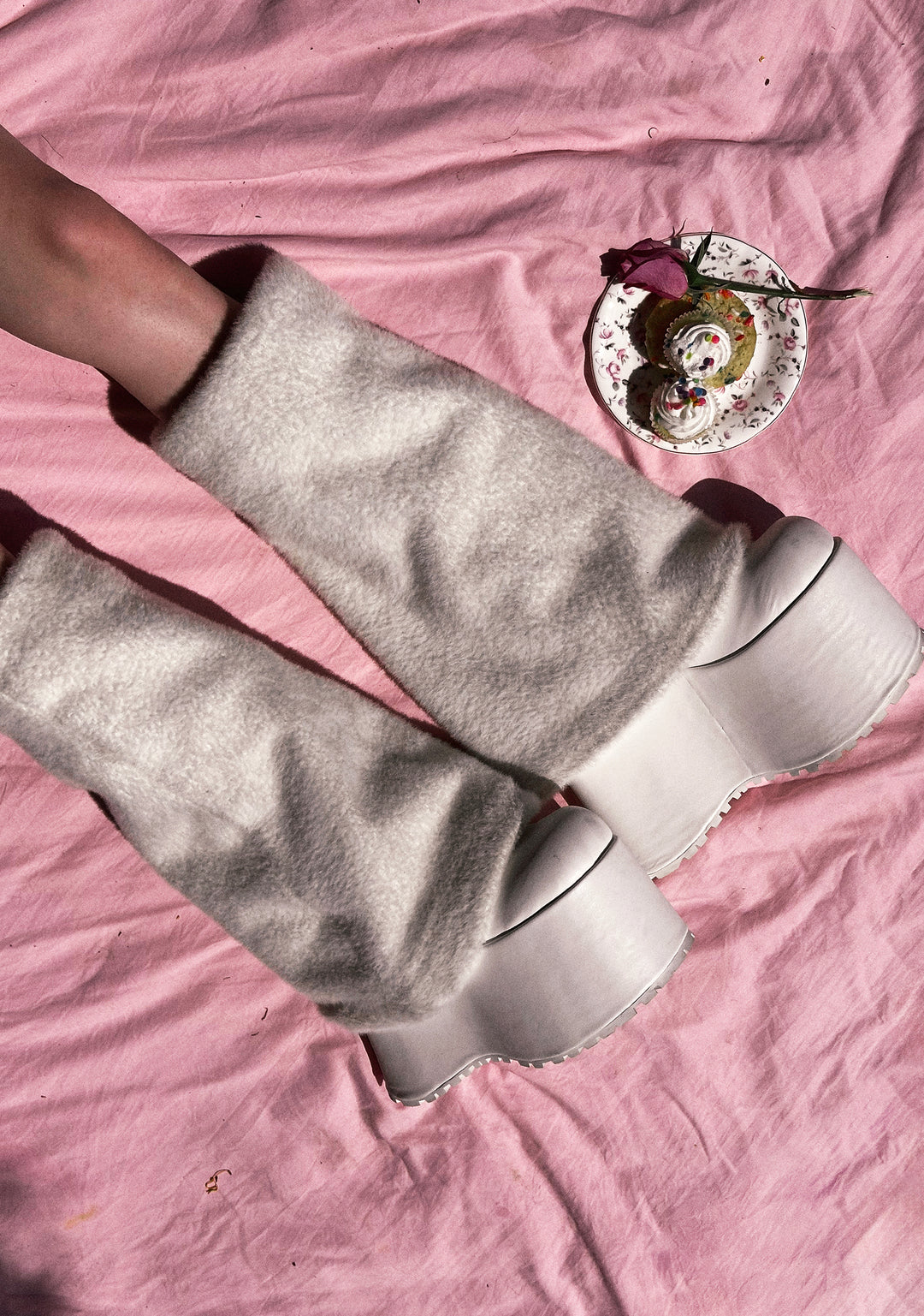 Sugar Thrillz Leg Warmer Plush Heart Platform Boots - White - Image 9