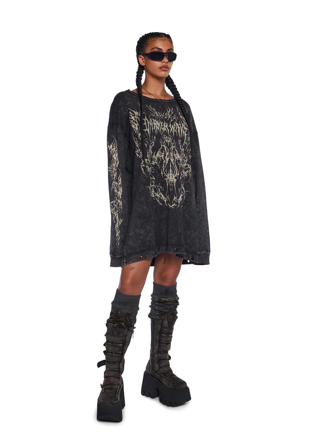 Darker Wavs Oversized Washed Graphic Print Long Sleeve Graphic Tee - Image 2