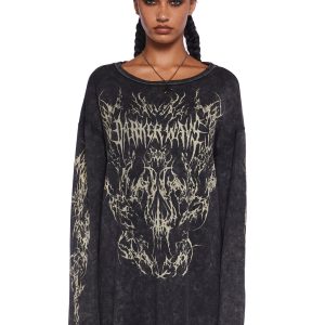 Darker Wavs Oversized Washed Graphic Print Long Sleeve Graphic Tee