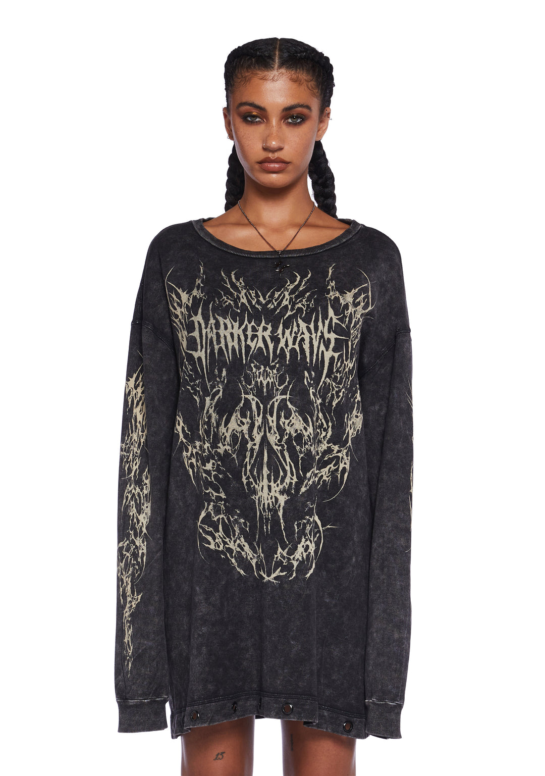 Darker Wavs Oversized Washed Graphic Print Long Sleeve Graphic Tee