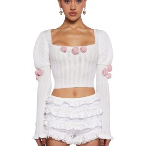 Sugar Thrillz Regency Pointelle Rose Ruffled Long Sleeve Top - White