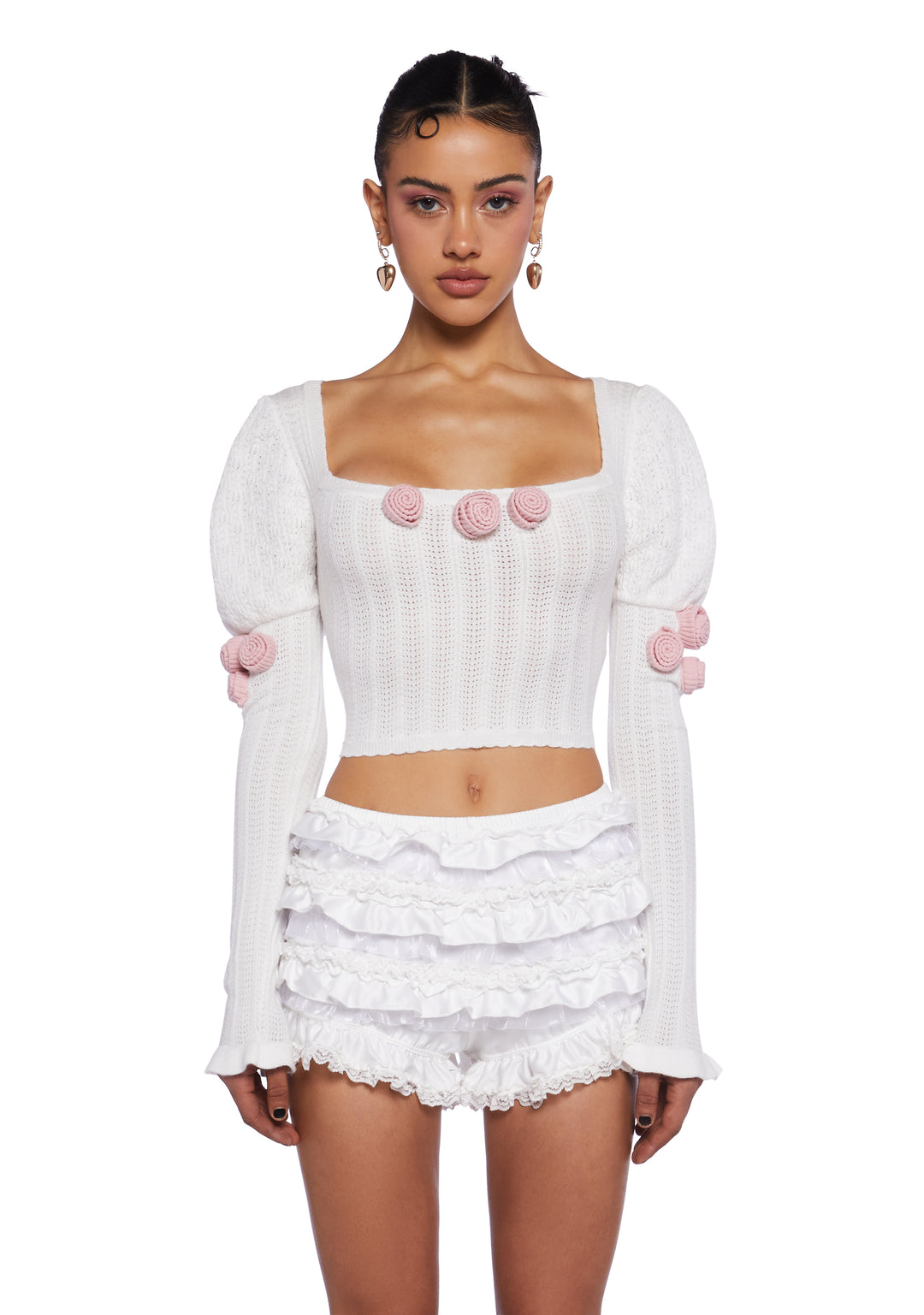 Sugar Thrillz Regency Pointelle Rose Ruffled Long Sleeve Top - White
