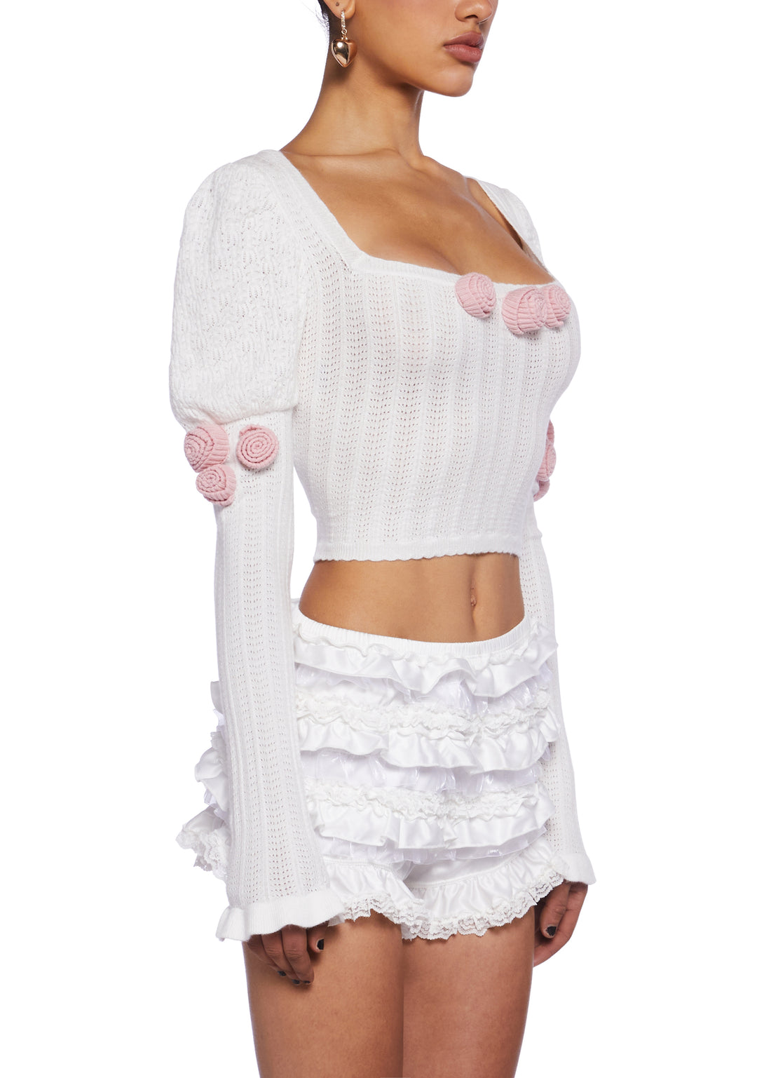 Sugar Thrillz Regency Pointelle Rose Ruffled Long Sleeve Top - White - Image 5