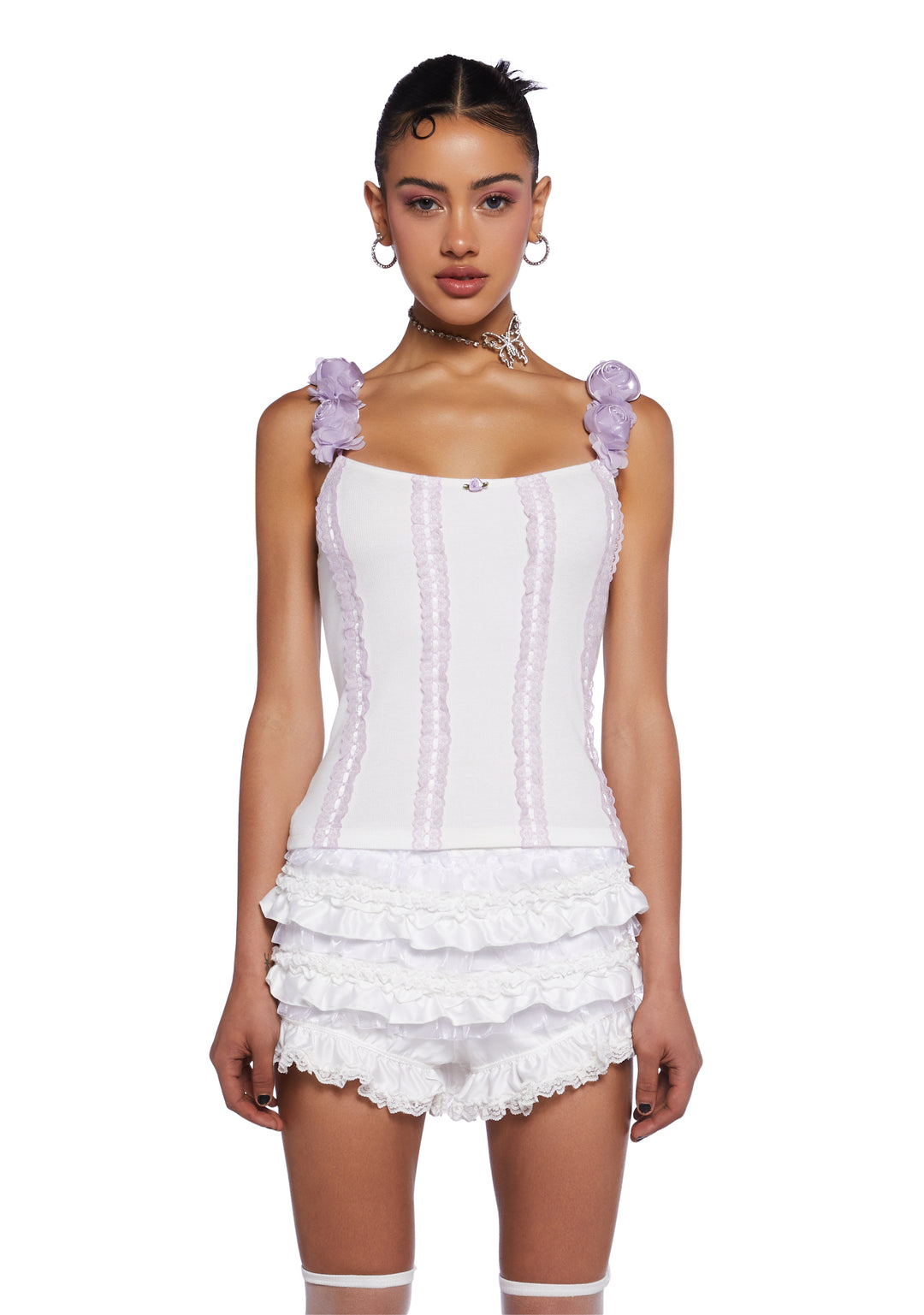 Sugar Thrillz Regency Core 3D Floral Cami Tank With Lace - White