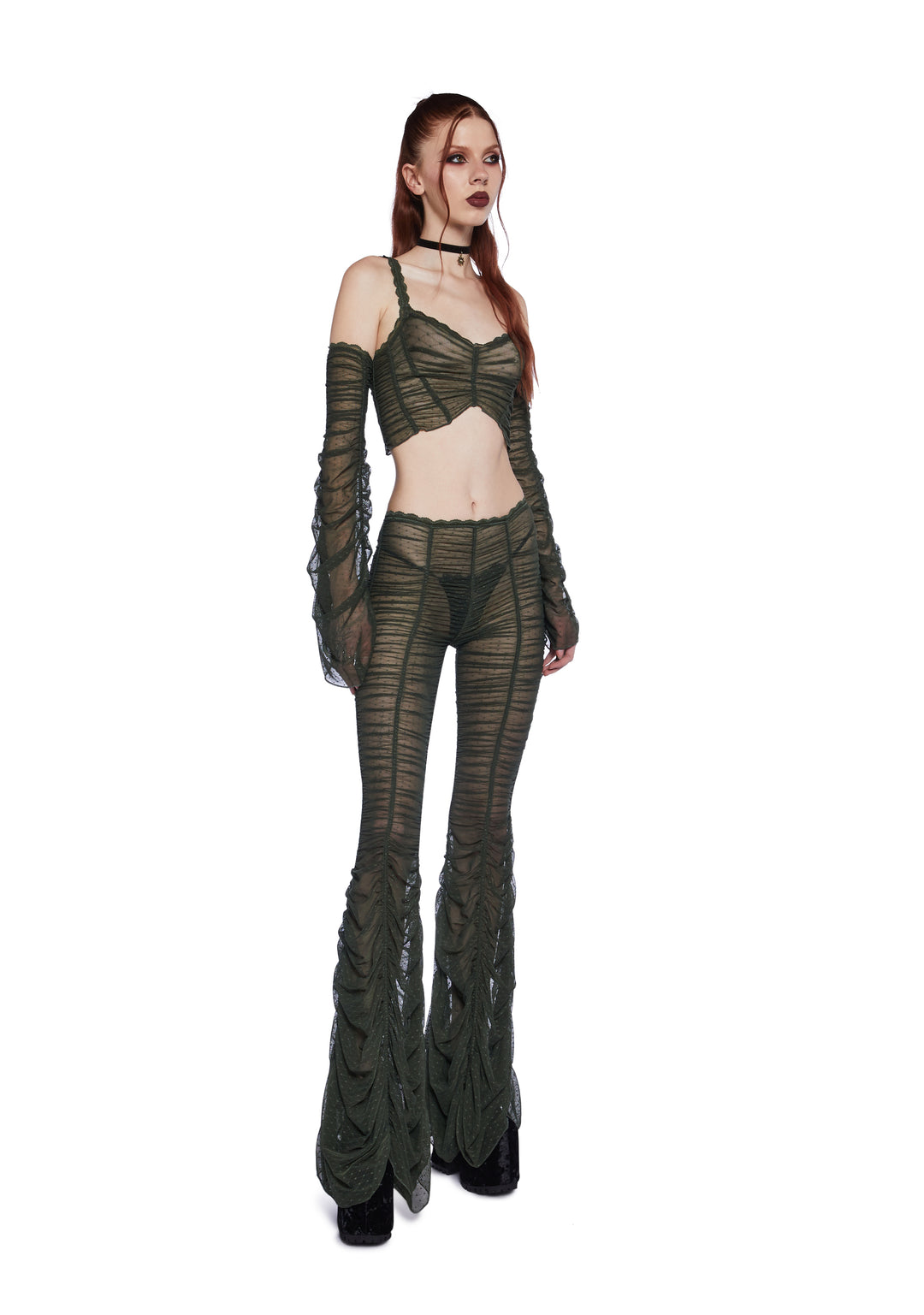 Widow Ruched Gathered Sheer Swiss Dot Mesh Crop Top With Removable Bell Sleeves - Green - Image 2